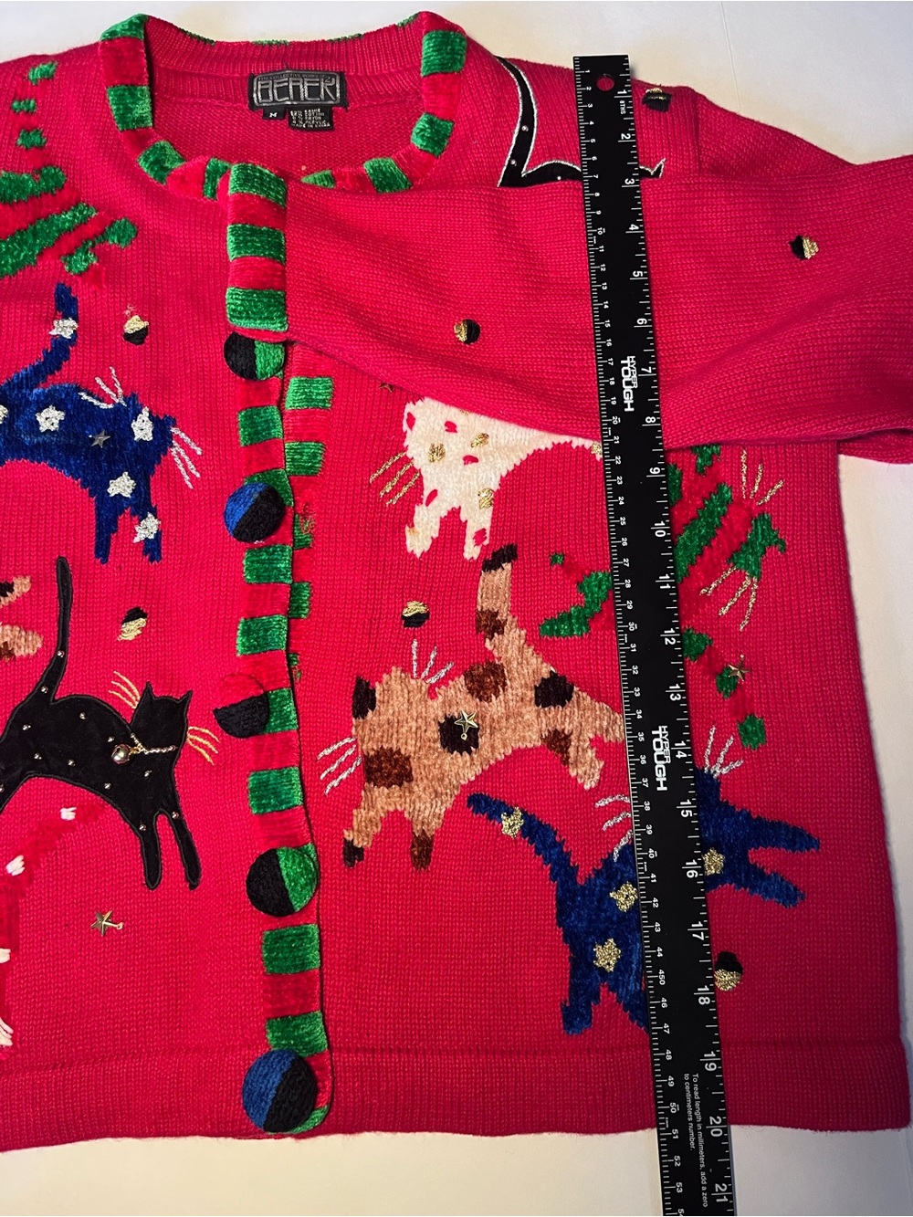 VTG 90s Berek Red Leaping Cats Beaded Cardigan Sweater Size Medium Grannycore - Picture 8 of 9
